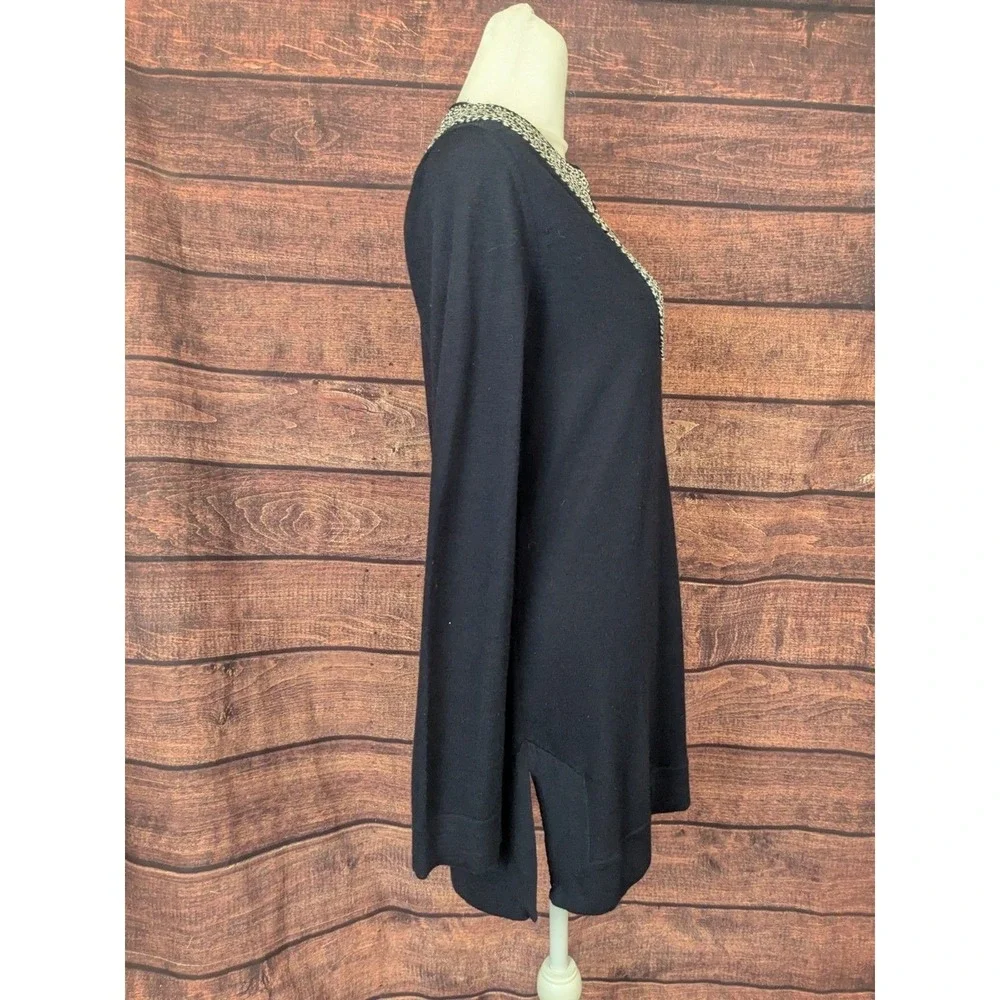 Tory Burch Merino Wool Tunic Sweater Medium NavyBeaded Rope Collar Long‎ Sleeve
